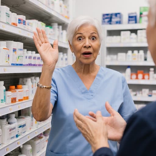 60대 혼혈 여성이 의사 가운을 입고 약국에 서 있습니다. 그녀는 고객과 상호작용하며 놀란 표정을 짓고 있으며, 한 손은 고객을 향해 인사하고 다른 손은 진열대의 약품을 가리키고 있습니다. 그녀 뒤의 약국 선반은 다양한 약품으로 정리되어 있어 따뜻하고 전문적인 분위기를 만들어냅니다.