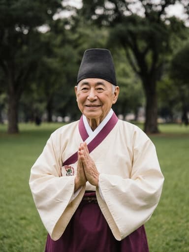 70대 혼혈 남성이 전통 한복을 입고 편안하게 미소 지으며 춤을 기다리는 자세로 서 있는 반신 샷. 배경에는 푸르고 자연이 가득한 공원이 펼쳐져 있습니다.