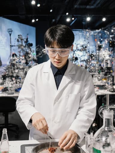 연구실 복과 안전 안경을 착용한 10대 후반의 한국 남성이 차분한 표정으로 반신 촬영된 모습입니다. 그는 과학 박물관의 실험실 전시관에서 실험 도구를 조심스럽게 다루고 있으며, 다양한 과학적 전시물로 둘러싸여 있습니다.