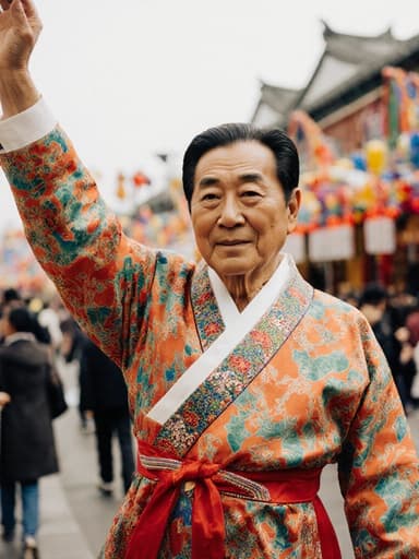 화려한 전통 한복을 착용한 80대 혼혈 남성이 편안한 자세로 스트레칭하고 있는 반신 사진이며, 다양한 장식과 사람들이 있는 전통 야외 축제의 생동감 넘치는 분위기에 둘러싸여 있습니다.