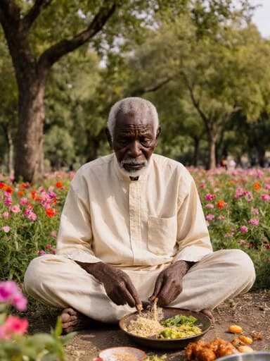 전통 의상을 입은 80대의 아프리카계 남성이 피곤한 표정을 지으며 음식 준비에 집중하고 있는 반신 촬영. 평화로운 공원에서 나무와 꽃들로 가득한 배경 속에서 크로스 레그로 앉아 재료를 손에 들고 있습니다.
