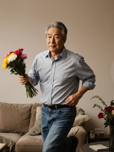 50대 아시아계 남성이 꽃다발을 들고 무관심한 표정을 지으며 달리는 전신 샷으로, 아늑한 거실 배경에 꽃 장식이 있는 테이블이 놓여 있다.