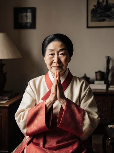 아늑한 거실에서 전통 한복을 입은 70대 아시아계 여성의 반신 촬영 모습. 그녀는 두 손을 모으고 인사하며 외로운 표정을 짓고 있어, 따뜻하고 초대하는 분위기 속에서 자신의 유산과의 연결을 나타내고 있습니다.
