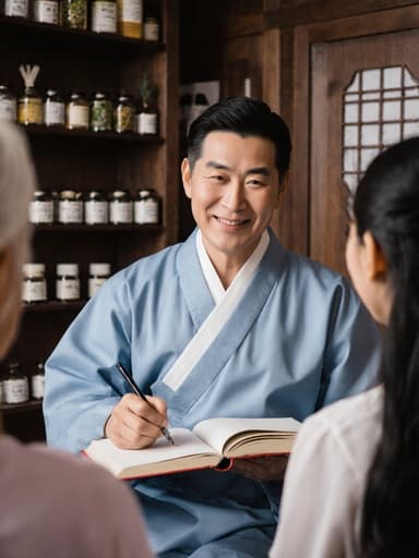 50대 동양인 남성이 전통 한복 스타일의 의사 가운을 입고, 상담 중인 환자를 위해 노트를 열고 내용을 기록하는 활기차고 친근한 모습의 반신 사진. 배경에는 전통적인 한의원 내부가 보이며, 나무 인테리어와 한약재가 진열된 선반이 있다.