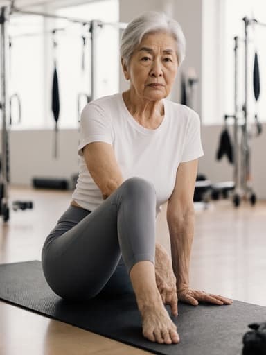 이미지는 60대 한국인 여성의 반신 사진으로, 자연스러운 외모를 가지고 편안한 필라테스 복장을 입고 있습니다. 그녀는 운동에 집중하며 스트레칭을 하고 있으며, 운동 매트를 잡고 찡그린 표정을 짓고 있는 모습이 밝고 잘 꾸며진 필라테스 스튜디오에서 촬영되었습니다.