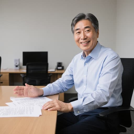 60대 한국인 남성이 깔끔한 셔츠와 정장 바지를 입고 사무실의 회의 테이블에 앉아 있는 반신 사진. 그는 미소를 띠고 자료를 가리키며 활발한 프레젠테이션을 하고 있는 모습이다.