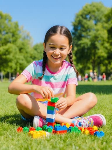 화창한 날씨의 공원에서 잔디 위에 앉아 레고 블록을 조립하며 즐거워하는 7세 백인 소녀의 모습. 화사한 티셔츠와 반바지를 입고, 주변의 나무와 푸르른 환경 속에서 어린 시절의 기쁨과 창의력을 담고 있는 장면입니다.