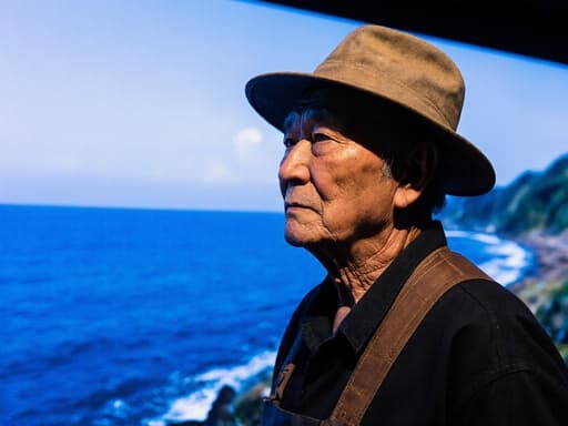 60대 동양인 남성이 전통 어업복을 입고 바다를 바라보며 걱정스러운 표정을 지은 반신 촬영입니다. 푸른 바다와 해안선이 평화롭지만 깊은 생각을 하게 만드는 배경을 형성하여 해양 생태 보호 주제를 반영합니다.