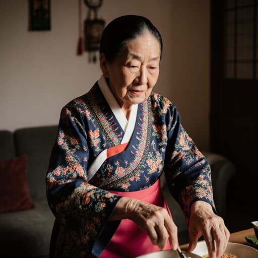 80대 동양인 여성의 반신 사진으로, 화려한 전통 한복을 입고 차분하게 전통 음식을 만들고 있는 모습이 따뜻한 전통 장식이 있는 아늑한 거실에서 포착되었습니다. 그녀의 손은 부드럽게 춤추듯이 움직이고 있습니다.