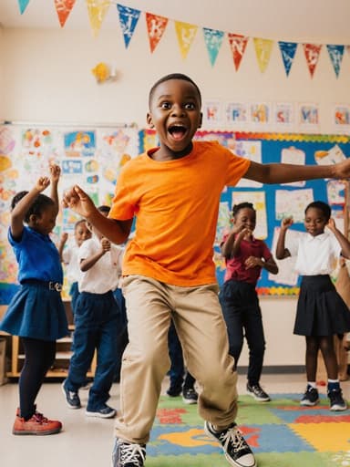 10대 초반 아프리카계 남성이 밝은 색상의 티셔츠와 운동화를 입고 아기자기한 장식과 교육 자료가 가득한 교실에서 다른 어린이들과 함께 즐겁게 춤추고 있습니다. 놀란 표정이 재미와 흥분의 본질을 잘 포착하고 있습니다.