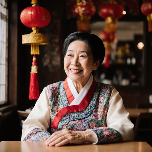 70대 백인 여성이 화려한 전통 한복을 입고 카페 테이블에 앉아 고마운 미소를 지으며 주변을 바라보고 있는 반신 사진. 아늑한 카페 내부는 전통 축제를 기념하는 장식들로 따뜻하고 초대하는 분위기를 연출합니다.