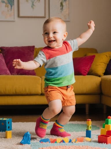 귀엽고 사랑스러운 1세 남성 유럽계 아기가 두 손을 흔들며 춤추는 모습으로 기쁘게 웃고 있는 전신 사진입니다. 편안한 티셔츠와 반바지, 밝은 색상의 양말을 착용하고 있으며, 다채로운 쿠션과 장난감이 가득한 아늑한 거실 배경 속에서 따뜻하고 초대하는 분위기를 만들어냅니다.