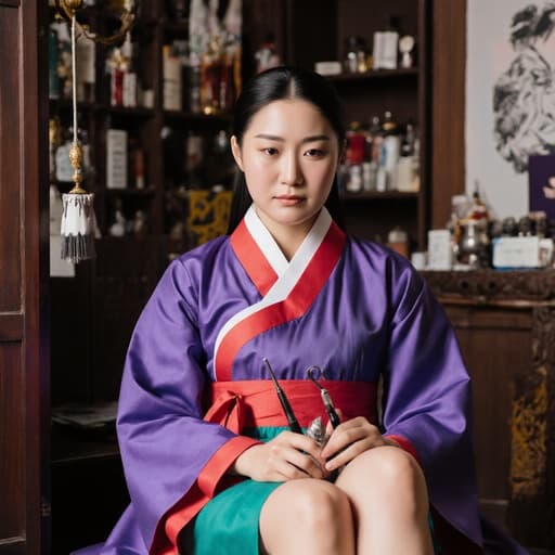 전통 한복을 입은 20대 라틴계 여성의 반신 촬영. 아늑한 한의원에서 앉아 있으며, 지루한 표정을 짓고 있는 그녀는 한의학 도구를 손에 들고 있다. 전통 장식으로 둘러싸인 모습.