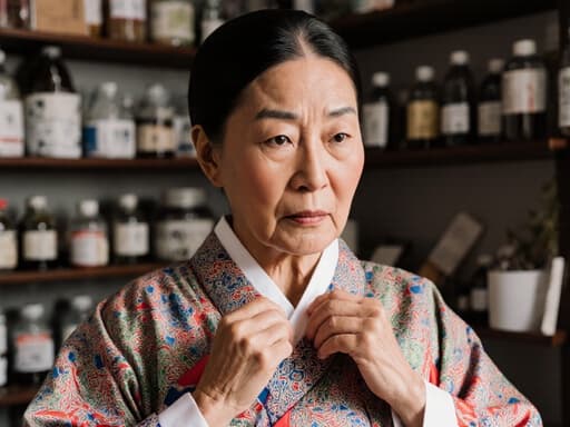 이미지에는 60대의 자연스러운 외모를 가진 흑인 여성이 화려한 무늬의 전통 한복을 입고 있는 반신 샷이 담겨 있습니다. 그녀는 약간 긴장한 표정을 지으며 옷을 조정하고 있습니다. 배경은 한의학의 전통적인 분위기를 잘 전달하는 한의원 내부로, 한방 약재와 도구들이 가득 차 있습니다.