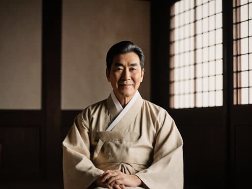 60대 한국인 남성이 자연스러운 외모로 고급스러운 표정을 지으며 전통적인 나무 바닥에 편안하게 앉아 있는 반신 사진. 그는 고급스러운 전통 한복을 착용하고 있으며, 섬세한 디테일과 높은 품질의 원단을 자랑합니다. 손은 무릎 위에 편안하게 올려져 있고, 따뜻한 조명이 아늑한 분위기를 자아내며, 전통 한국 장식이 있는 배경이 문화 유산을 잘 보여줍니다.