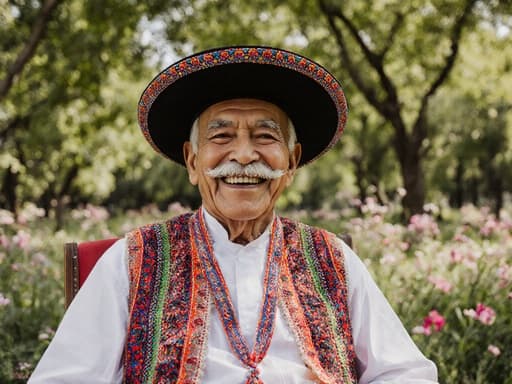 이미지는 70대의 라틴계 남성이 전통 의상을 입고 의자에 앉아 푸르른 공원에서 전통 춤에 대해 이야기하며 따뜻한 미소를 짓고 있는 모습을 담고 있습니다. 그의 의상의 밝은 색상과 주변의 자연적인 아름다움이 조화를 이루며 즐거운 분위기를 만듭니다.