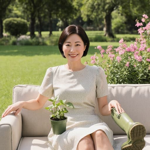 40대 동양인 여성의 반신 사진으로, 가벼운 원피스와 정원 가꾸기에 적합한 장화를 신고 소파에 앉아 있습니다. 그녀는 편안한 표정과 우아한 미소를 지으며 작은 화분을 들고 있으며, 푸른 잔디와 만개한 꽃들로 둘러싸인 공원에서 자연과의 기쁨을 담고 있습니다.
