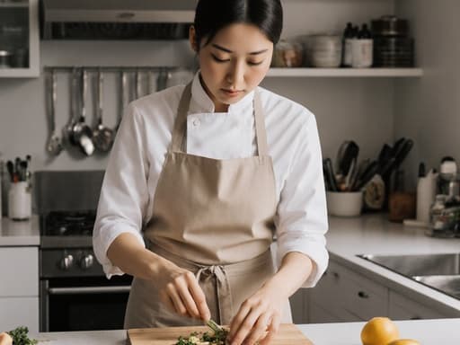 30대 한국인 여성의 반신 촬영으로, 주방 앞치마를 입고 요리를 준비하며 깔끔하고 정돈된 주방에서 재료를 정리하는 모습에 집중하고 있습니다.