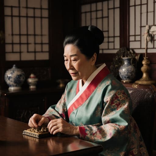 화사한 한복을 입은 우아한 80대 한국인 여성이 아름답게 꾸며진 전통 거실의 테이블에 앉아 전통 소품을 만지작거리며 깊은 생각에 잠긴 모습으로, 그리움과 외로움을 표현하고 있습니다.