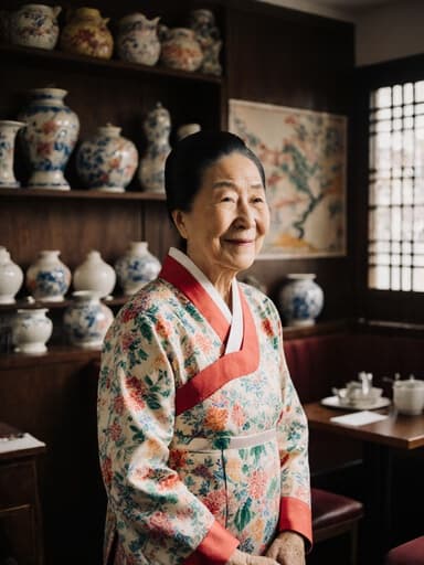 80대 한국인 여성의 전신 사진으로, 화려한 꽃무늬가 돋보이는 전통 한복을 우아하게 입고 있습니다. 자연스러운 외모와 고마운 미소를 지으며 몸을 약간 기울여 전통 춤을 추기 위해 준비하고 있습니다. 아늑한 카페 내부는 전통 한국 소품으로 장식되어 있어 문화적인 분위기를 더하고 있습니다. 부드럽고 자연스러운 조명이 장면을 감싸며 초대하는 듯한 평화로운 기분을 연출하고 있습니다.