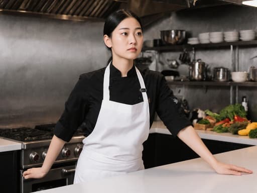 10대 초반의 동양인 여성 요리사가 흰색 앞치마와 검은색 상의를 입고 주방 조리대에서 스트레칭을 하며 진지한 표정을 짓고 있습니다. 그녀의 뒤편에는 다양한 조리 도구와 신선한 재료들이 가득한 아늑한 주방이 있어 요리에 대한 그녀의 열정을 반영하는 따뜻하고 매력적인 환경을 보여줍니다.