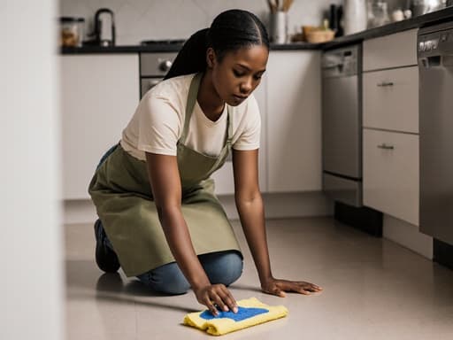 20대 아프리카계 여성이 편안한 티셔츠와 앞치마를 착용하고 주방 바닥에 무릎을 꿇고 청소 도구를 사용하며 열심히 청소하는 모습입니다. 배경은 깔끔한 주방으로 정돈된 분위기를 자아냅니다.