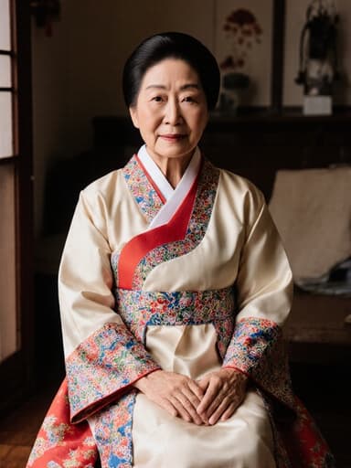 70대 혼혈 여성의 반신 사진으로, 전통적인 한복을 입고 의자에 편안하게 앉아 무관심한 표정을 지으며, 전통 소품으로 가득한 아늑한 거실에 둘러싸여 있습니다.