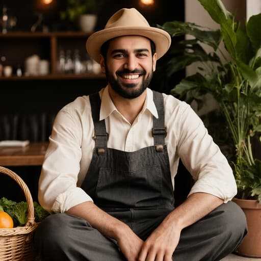 30대 중동계 남성이 농부 스타일의 작업복과 모자를 착용하고 농산물 바구니를 옆에 두고 크로스 레그로 앉아 있는 반신 사진. 그의 열정적인 표정은 농업에 대한 사랑을 드러내며, 녹색 식물로 가득한 아늑한 카페 배경 속에서 따뜻하고 초대하는 분위기를 연출합니다.