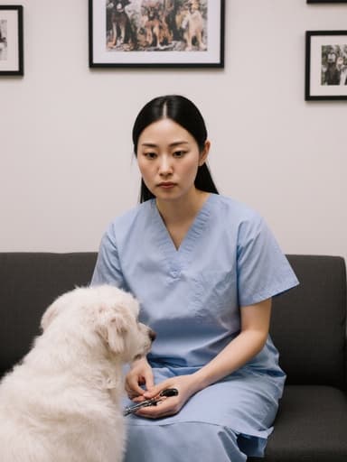 30대 동양인 여성의 반신 샷으로, 자연스러운 외모를 가진 모델이 의사 가운과 청결한 실험실 장화를 입고 있습니다. 그녀는 병원 대기실의 소파에 앉아 동물 응급 처치 도구를 들고 있으며, 무관심한 표정을 지으며 주위의 동물에 집중하지 않고 있습니다. 배경에는 동물 사진이 걸려 있어 전문적이고 차분한 분위기를 자아냅니다.