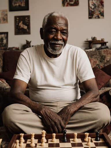 70대의 흑인 남성이 아늑한 거실에 앉아 크로스 레그로 편안한 티셔츠와 면바지를 입고 있습니다. 그는 약간 피곤한 표정이지만 부드러운 미소를 지으며 근처의 전통 놀이 도구를 바라보고 있습니다. 전체적인 분위기는 따뜻하고 초대하는 느낌으로 가득 차 있으며, 향수를 불러일으키는 요소들이 배치되어 있습니다.
