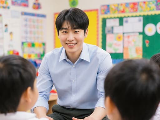 젊은 한국인 남성 유치원 교사가 의자에 앉아 아이들과 대화하며 매력적인 미소를 짓고 있습니다. 다채로운 교육 자료와 그림으로 가득한 활기찬 유치원 내부가 친근하고 초대하는 분위기를 높입니다.