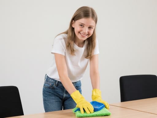10대 초반 유럽계 소녀가 편안한 티셔츠와 청바지를 입고 청소 도구를 들고 회의실 바닥을 즐겁게 청소하고 있는 모습. 이 장면은 그녀의 자유롭고 책임감 있는 모습을 잘 담고 있다.