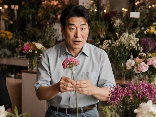 40대 한국인 남성이 편안한 셔츠와 청바지를 입고, 꽃을 들고 놀란 표정을 지으며 아늑한 카페 안에서 꽃꽂이 수업 중인 모습을 담은 반신 사진. 다양한 식물과 꽃들로 장식된 공간에서 따뜻하고 매력적인 분위기를 연출합니다.