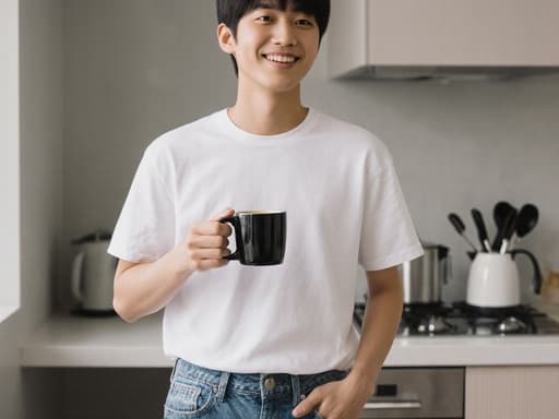 10대 초반 동양인 남성이 편안한 티셔츠와 청바지를 입고 커피 컵을 든 채로 여유로운 미소를 짓고 있는 반신 촬영의 모습입니다. 배경은 깔끔하고 현대적인 주방으로 주방용품이 잘 정리되어 있어 여유롭고 즐거운 분위기를 자아냅니다.
