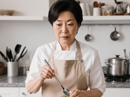 60대 아시아계 여성이 앞치마를 입고 주방 도구를 손에 들고 무관심한 표정으로 바라보는 반신 사진. 배경에는 깔끔하게 정돈된 조리 공간과 조리대, 다양한 주방 기구가 배치되어 있어 차분하고 아늑한 분위기를 연출합니다.