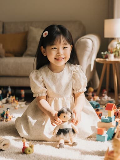 밝은 색상의 귀여운 원피스를 입은 사랑스럽고 귀여운 1세 한국인 여성이 바닥에 앉아 인형을 가지고 놀며 사랑스러운 미소를 짓고 있는 모습입니다. 아늑하고 따뜻한 느낌의 거실에서 장난감들이 흩어져 있는 모습이 포착되어 있으며, 그녀의 즐거운 표정과 공간의 초대하는 분위기가 잘 드러나 있습니다.