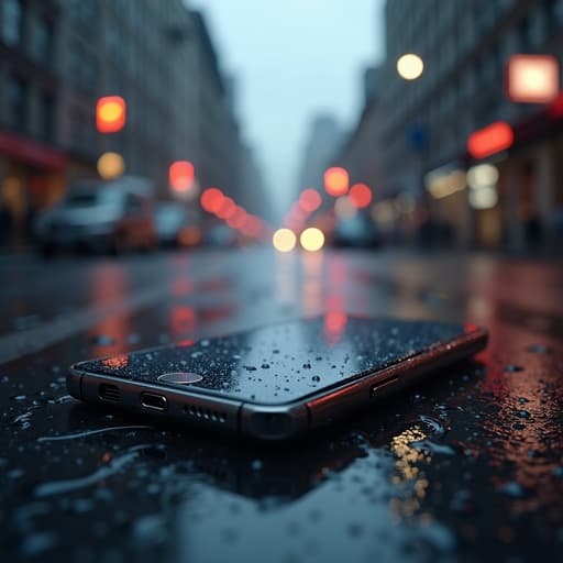 스마트폰이 비 내리는 도시 거리에서 젖은 포장도로 위에 놓여 있으며, 배경에는 흐릿한 다채로운 불빛들이 있는 우울한 분위기.