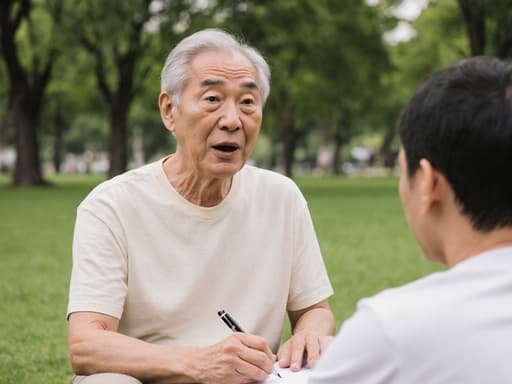 50대의 동양인 남성이 자연스러운 외모를 가지고 당황한 표정을 지으며 친구와 대화하는 장면의 반신 사진입니다. 편안한 티셔츠와 바지를 입고 한 손에 펜을 들고 노트를 작성하고 있습니다. 배경은 푸른 나무와 잔디가 어우러진 공원으로, 상호작용을 잘 보완하는 평화롭고 매력적인 분위기를 자아냅니다. 이 장면은 우정과 소통의 순간을 포착하며, 남성의 표정과 자세를 강조합니다.