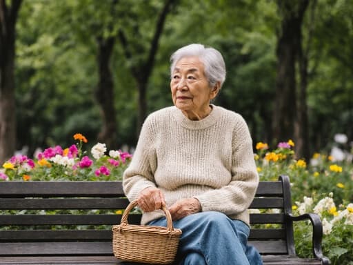70대 한국인 여성의 반신 초상으로, 자연스러운 주름과 함께 편안한 니트 스웨터와 청바지를 입고 있습니다. 그녀는 조용한 공원 벤치에 앉아 작은 바구니를 들고 외로운 감정을 표현하며 기다리고 있습니다. 배경은 푸르른 나무와 꽃들로 가득 차 있어 평화로운 분위기를 자아냅니다.