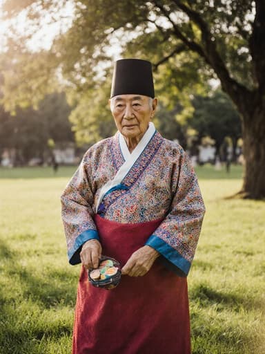 전통 한복을 입고 있는 80대 동양인 남성이 푸른 잔디가 깔린 공원에서 전통 놀이 도구를 들고 지루한 표정을 지으며 서 있는 전신 사진.