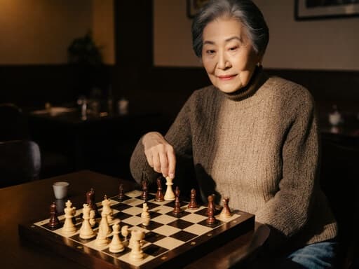 이 이미지는 아늑한 카페에 앉아 편안한 니트 스웨터와 청바지를 입은 80세 한국인 여성을 담고 있습니다. 그녀는 체스 게임에 몰두하며 만족스러운 표정을 짓고 있습니다. 따뜻한 조명이 아늑한 분위기를 만들어내며 그녀 앞의 체스판을 강조합니다.