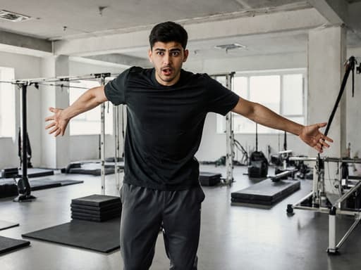 10대 후반의 중동계 남성이 편안한 운동복을 입고 약간 당황한 표정을 지으며 운동실의 매트와 필라테스 기구들이 배치된 공간에서 서 있는 반신 사진입니다.