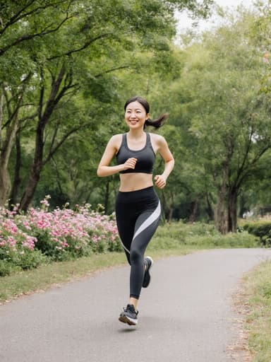 20대 동양인 여성이 운동복과 운동화를 입고 반신 촬영된 모습입니다. 그녀는 친근한 표정으로 미소를 지으며 달리고 있고, 팔을 자연스럽게 흔들며 몸을 앞으로 기울이고 있습니다. 배경에는 푸른 나무와 꽃들이 가득한 아름다운 공원이 있어 생동감 넘치고 에너제틱한 분위기를 더하고 있습니다.