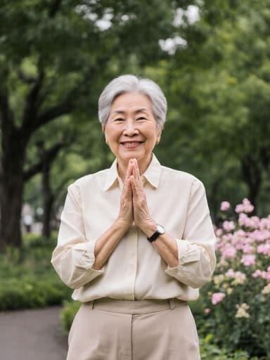 60대 아시아계 여성의 반신 사진으로, 편안한 블라우스와 슬랙스를 입고 자연스러운 외모를 가진 모델이 고민하는 표정과 따뜻한 미소를 띠며 손을 가슴에 얹고 인사하는 자세를 취하고 있습니다. 푸른 나무와 꽃들이 있는 평화로운 공원 배경이 매력적인 분위기를 더합니다.