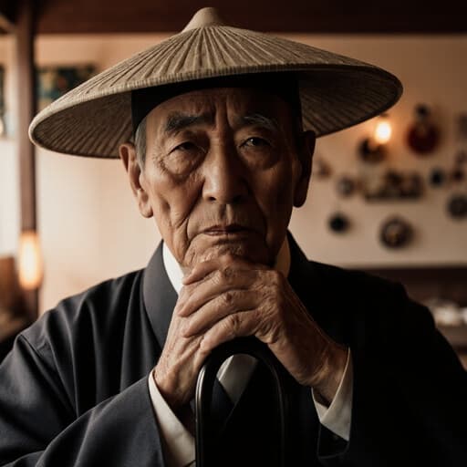 전통 한복을 입은 80대 아시아계 남성이 아늑한 카페에서 생각에 잠긴 자세로 서 있으며, 나이와 문화의 아름다움을 보여주고 걱정스러운 표정을 짓고 있습니다.