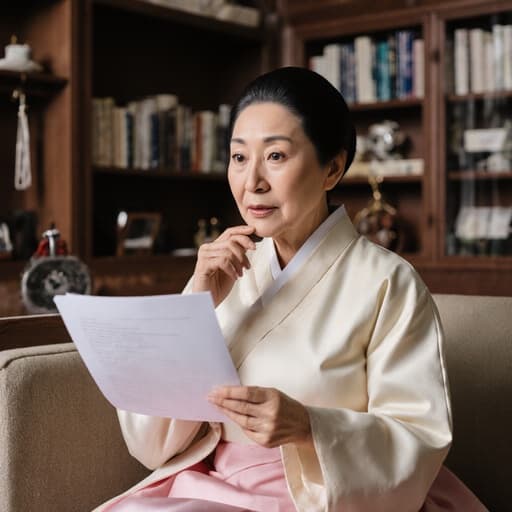 60대 중동계 여성이 전통 한복을 입고 연구 결과를 보고 놀란 표정을 짓고 있는 모습의 반신 사진입니다. 그녀는 소파에 앉아 한 손으로 자료를 들고 다른 손은 턱에 대고 생각에 잠겨 있으며, 한의학 도구와 책들로 가득한 아늑한 한의원 내부에서 따뜻한 분위기를 자아내고 있습니다.