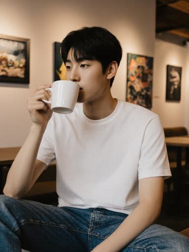 10대 초반의 동양인 남성이 캐주얼한 티셔츠와 청바지를 입고 커피 컵을 들고 편안한 표정을 지으며 아늑한 카페의 예술 작품들이 전시된 공간에서 반신 촬영된 이미지입니다.