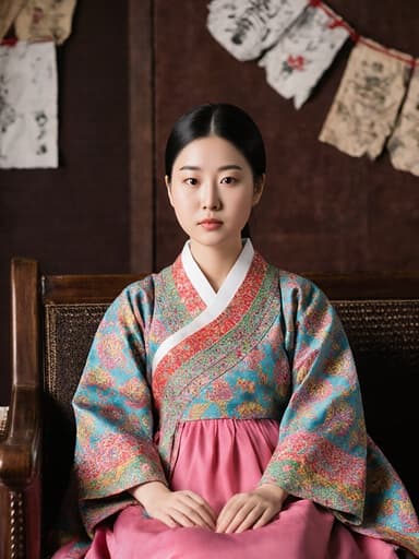 10대 초반의 한국인 소녀가 화려한 전통 한복을 입고 전통적인 한국 소파에 앉아 지루한 표정을 짓고 있습니다. 방의 벽은 한지 장식으로 꾸며져 있어 장면의 문화적 분위기를 더욱 강조합니다.