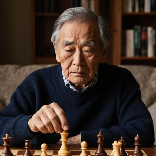 80대의 동양인 남성의 반신샷으로, 깊은 주름과 섞인 흰 머리를 가진 자연스럽고 편안한 모습입니다. 그는 편안한 니트 스웨터와 체크무늬 바지를 입고, 아늑한 거실에 앉아 있습니다. 배경에는 소파와 책장이 있는 따뜻한 분위기가 조성되어 있습니다. 그는 피곤한 표정을 짓고 있으며, 눈가에 약간의 피로가 느껴지며, 체스판 앞에서 체스 말을 만지작거리고 있습니다. 이 모습은 게임과의 상호작용과 사색의 순간을 반영합니다.