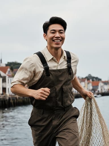 전통적인 어부 복장을 입은 20대 혼혈 남성 모델이 어망을 들고 활기차게 달리며 미소를 짓고 있는 모습이 어촌 마을의 아름다운 배경 속에서 어획 준비의 분위기를 강조하며 생동감 넘치는 장면을 만들어냅니다.